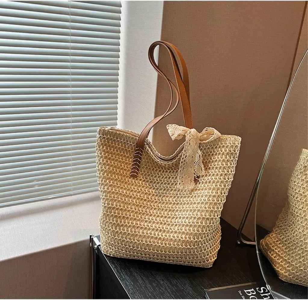 Large capacity Bag Sweet Bowknot - adorned Straw Handbag: Encounter Elegant Moments During Outings Ladies shoulder Bag