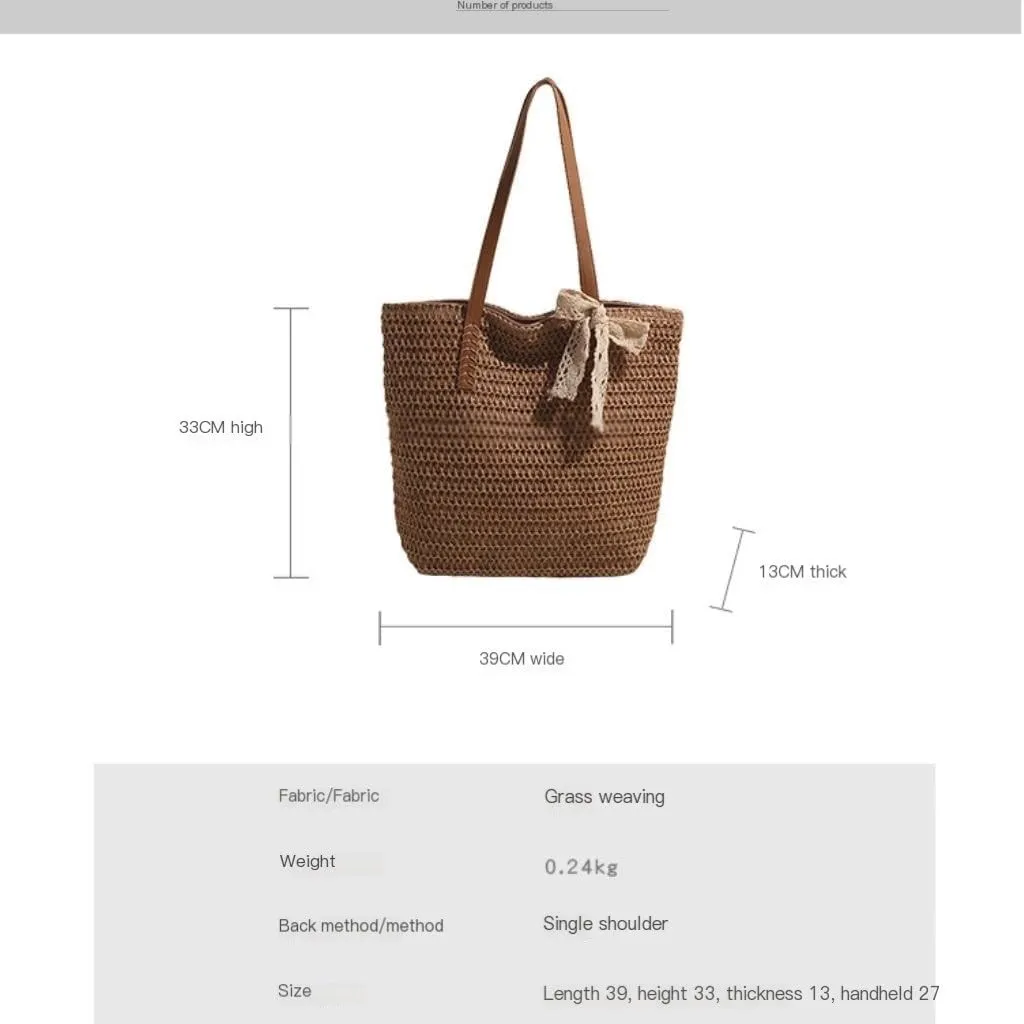Large capacity Bag Sweet Bowknot - adorned Straw Handbag: Encounter Elegant Moments During Outings Ladies shoulder Bag