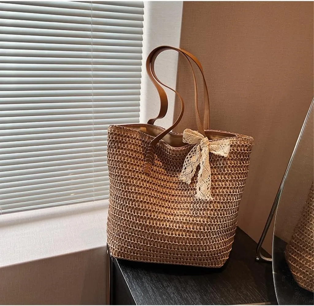 Large capacity Bag Sweet Bowknot - adorned Straw Handbag: Encounter Elegant Moments During Outings Ladies shoulder Bag