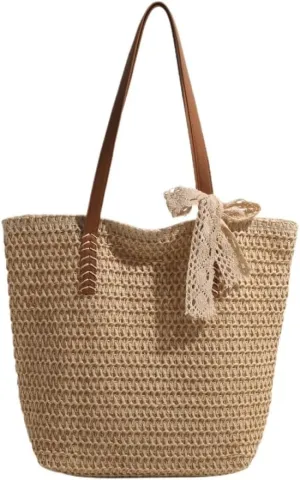 Large capacity Bag Sweet Bowknot - adorned Straw Handbag: Encounter Elegant Moments During Outings Ladies shoulder Bag