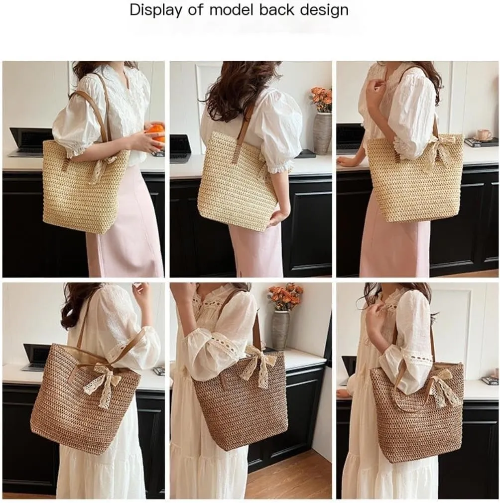 Large capacity Bag Sweet Bowknot - adorned Straw Handbag: Encounter Elegant Moments During Outings Ladies shoulder Bag