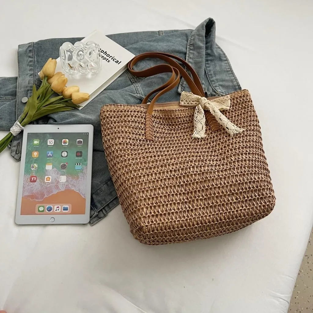 Large capacity Bag Sweet Bowknot - adorned Straw Handbag: Encounter Elegant Moments During Outings Ladies shoulder Bag