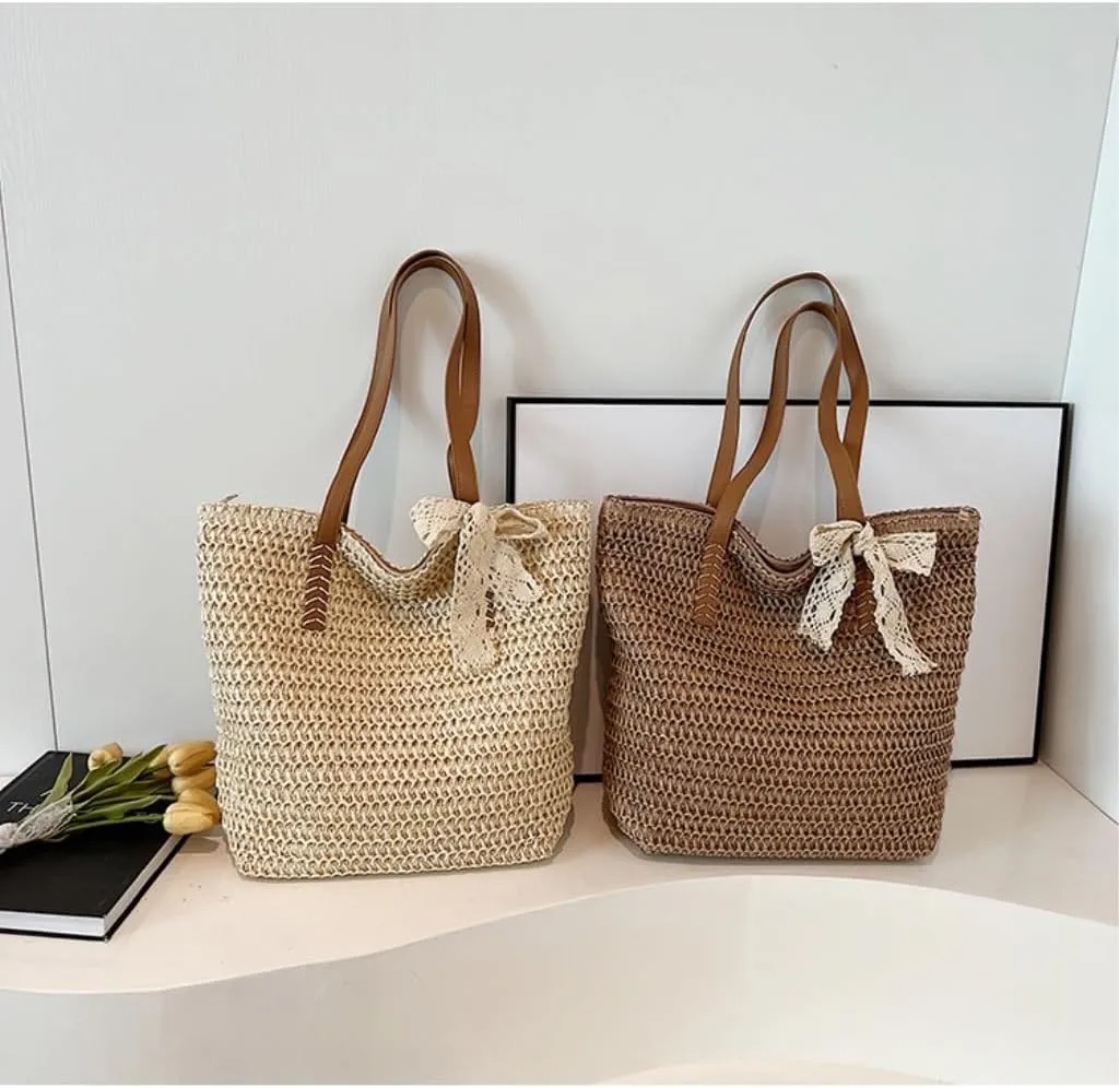 Large capacity Bag Sweet Bowknot - adorned Straw Handbag: Encounter Elegant Moments During Outings Ladies shoulder Bag