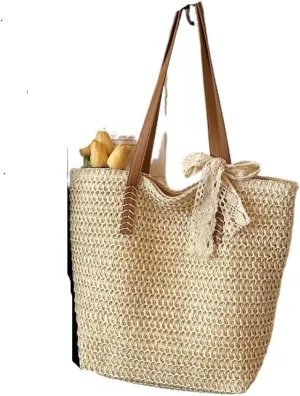 Large capacity Bag Sweet Bowknot - adorned Straw Handbag: Encounter Elegant Moments During Outings Ladies shoulder Bag