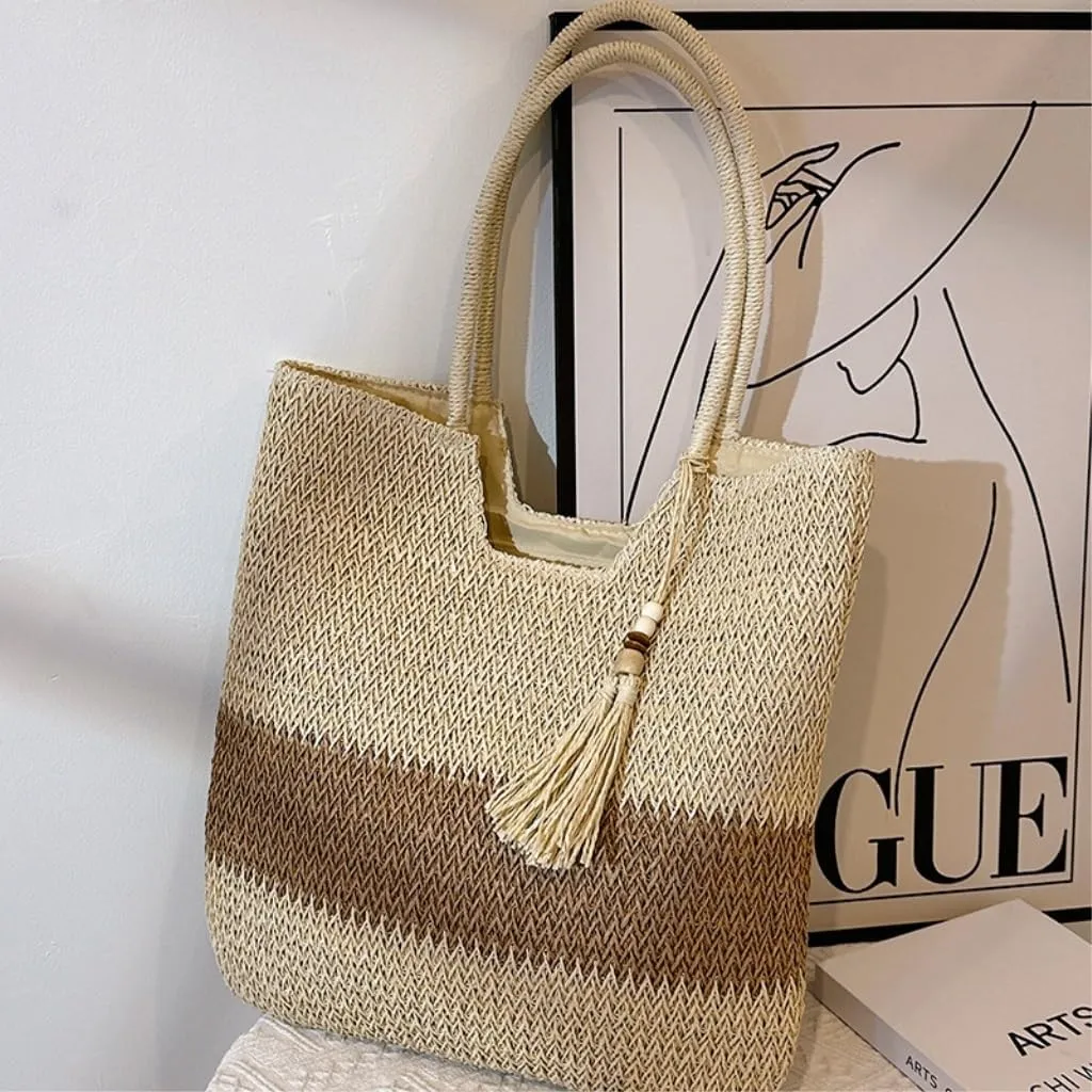 Large capacity Bag Woven Straw Bag All-match Spring And Summer One-shoulder Seaside Beach Bag Tote Bag Ladies shoulder Bag(White)