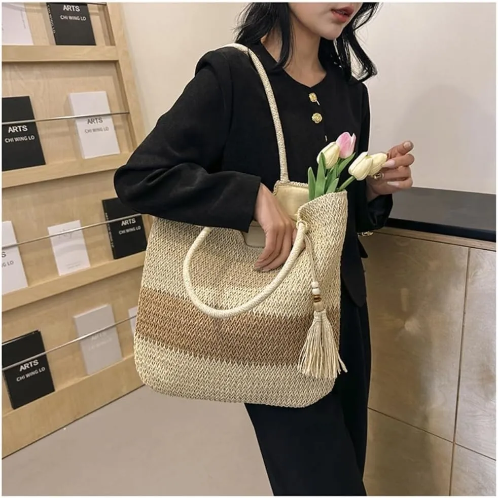 Large capacity Bag Woven Straw Bag All-match Spring And Summer One-shoulder Seaside Beach Bag Tote Bag Ladies shoulder Bag(White)