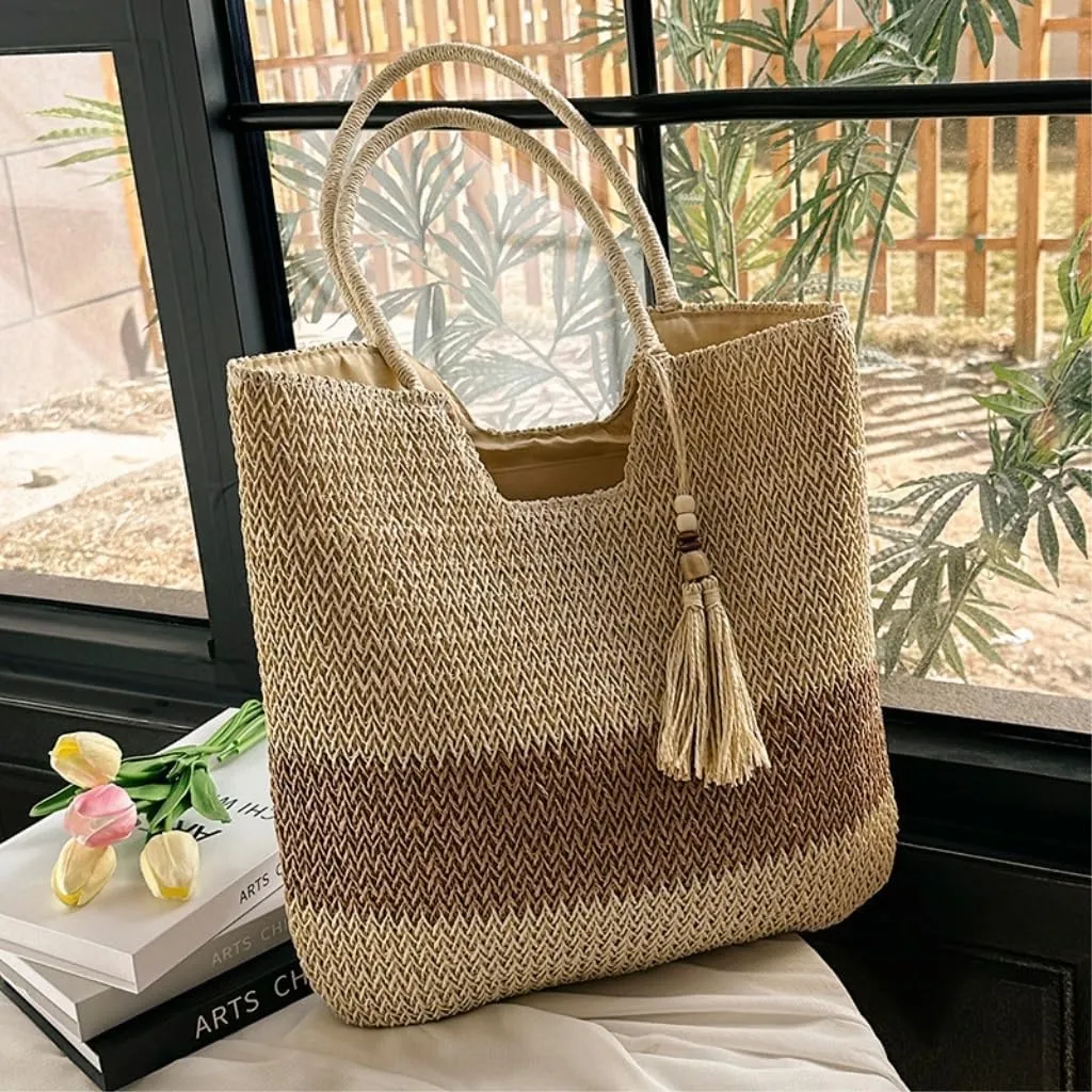 Large capacity Bag Woven Straw Bag All-match Spring And Summer One-shoulder Seaside Beach Bag Tote Bag Ladies shoulder Bag(White)