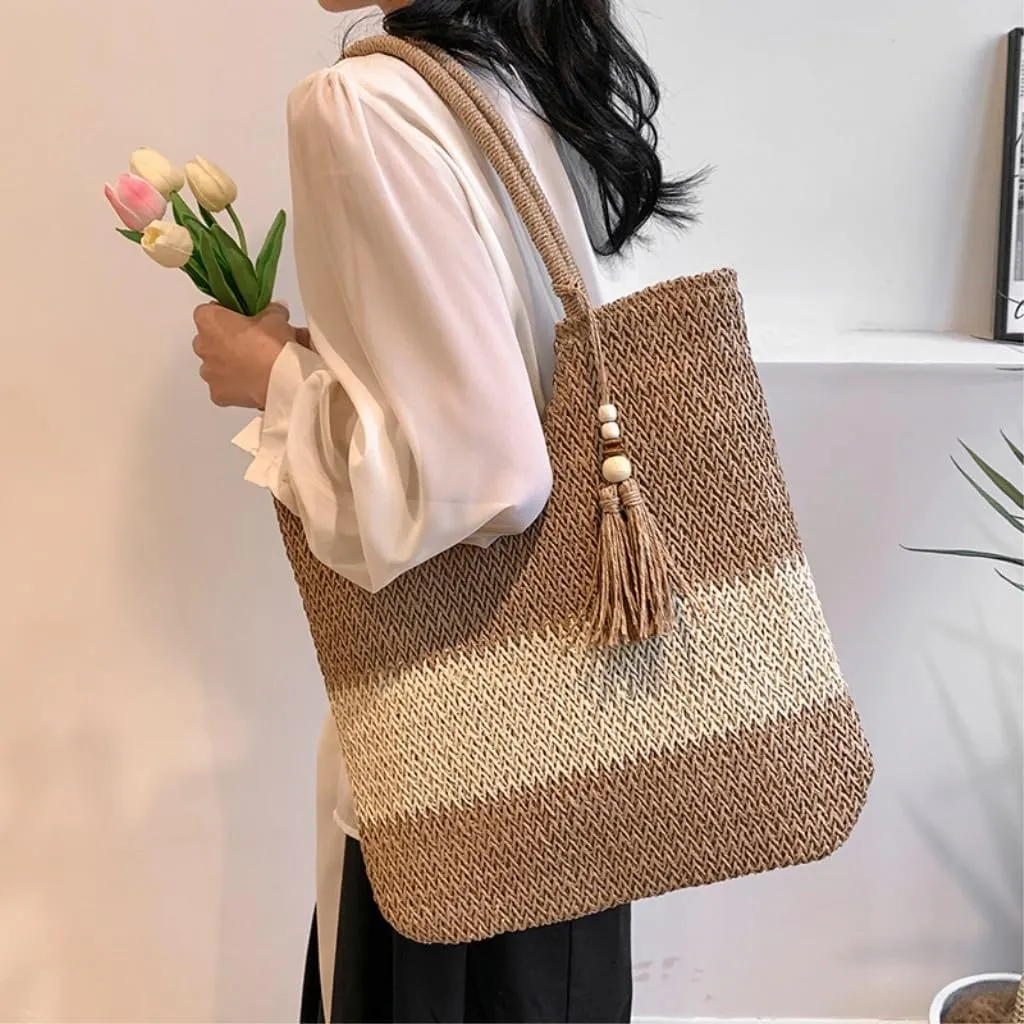 Large capacity Bag Woven Straw Bag All-match Spring And Summer One-shoulder Seaside Beach Bag Tote Bag Ladies shoulder Bag(White)