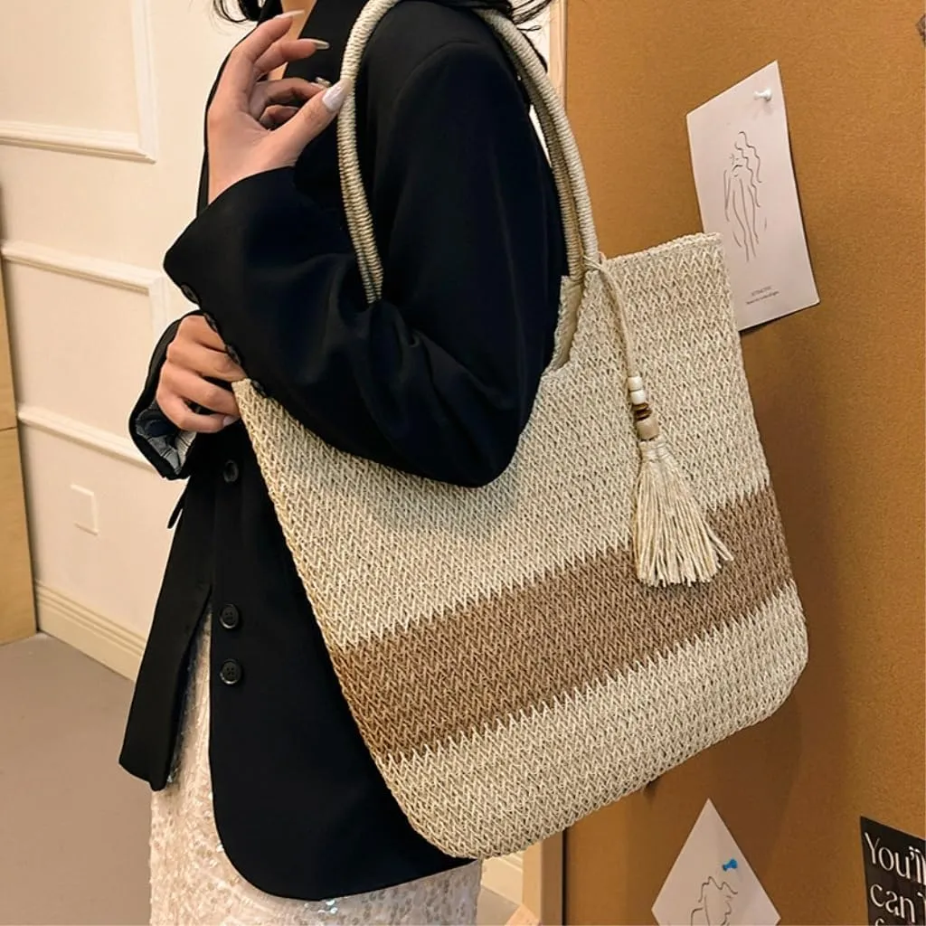 Large capacity Bag Woven Straw Bag All-match Spring And Summer One-shoulder Seaside Beach Bag Tote Bag Ladies shoulder Bag(White)