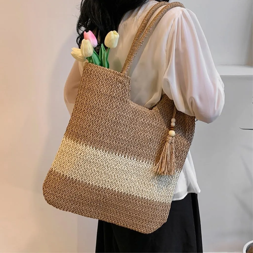 Large capacity Bag Woven Straw Bag All-match Spring And Summer One-shoulder Seaside Beach Bag Tote Bag Ladies shoulder Bag(White)