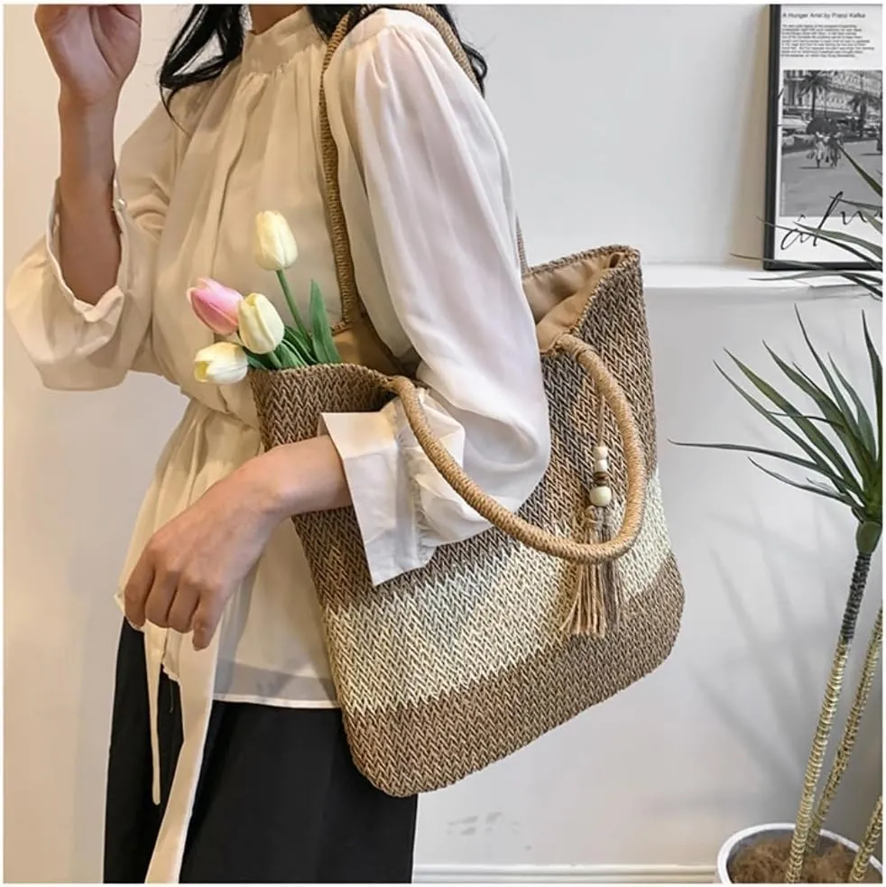 Large capacity Bag Woven Straw Bag All-match Spring And Summer One-shoulder Seaside Beach Bag Tote Bag Ladies shoulder Bag(White)