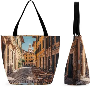 Large Grocery Bags Beach Tote Old Courtyard Cafe Chair City, Rome, Italy Shopping Bag for Women Shoulder Bag for Travel Work Handbag