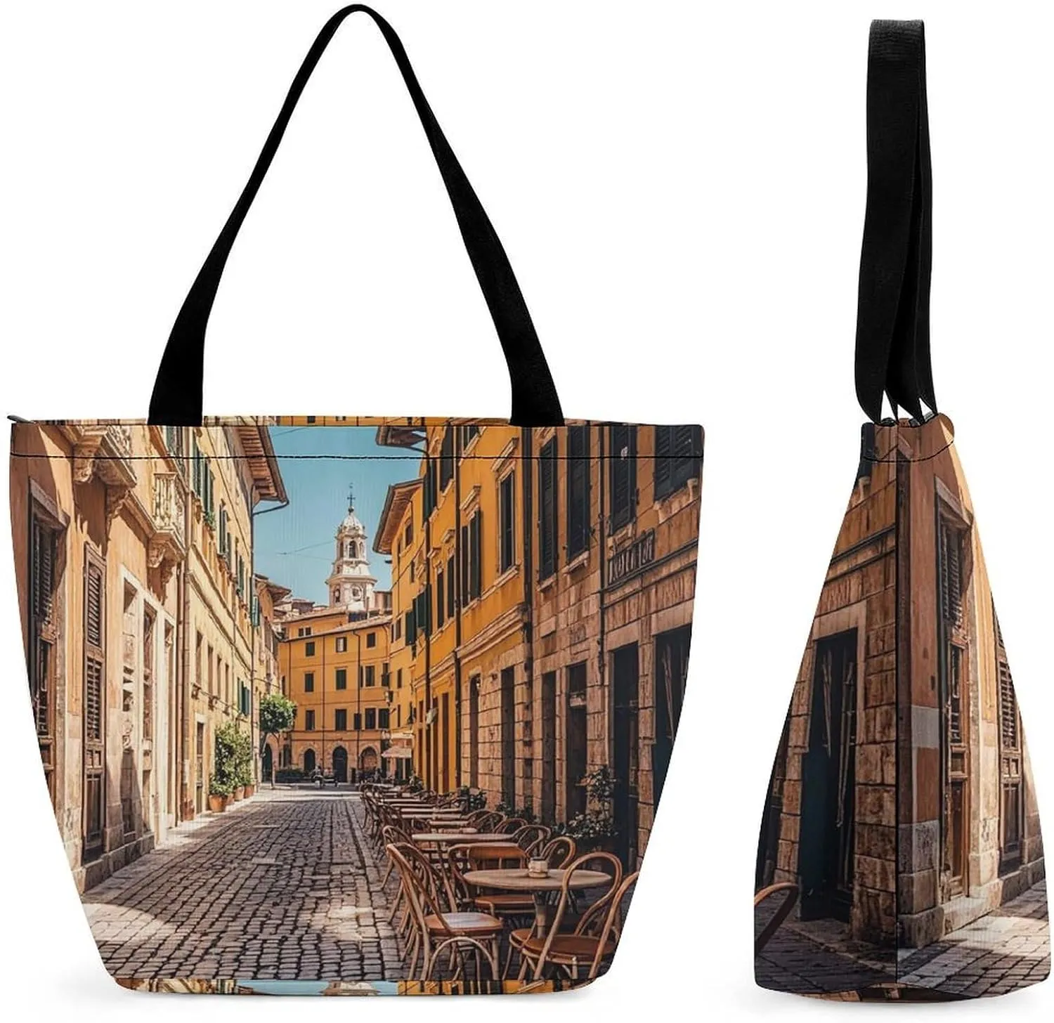 Large Grocery Bags Beach Tote Old Courtyard Cafe Chair City, Rome, Italy Shopping Bag for Women Shoulder Bag for Travel Work Handbag