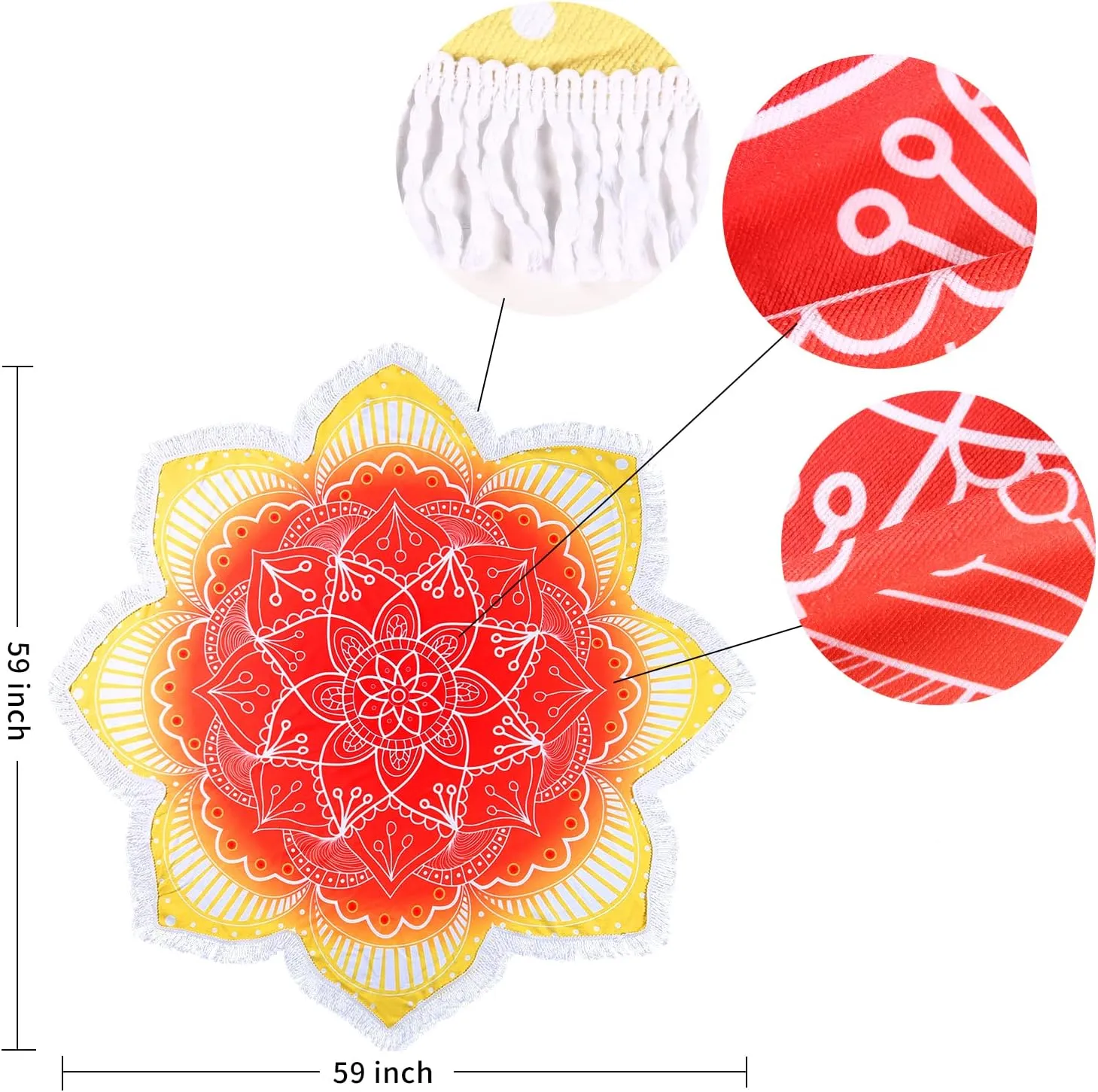 Large Microfiber Boho Mandala Beach Towel Round Bohemian Beach Blanket Hippie Indian Throw Blanket Beach Tapestry Sand Free Quick Dry Yoga Picnic Mat Wall Decor Circle Tablecloth Tassels,59'',Red