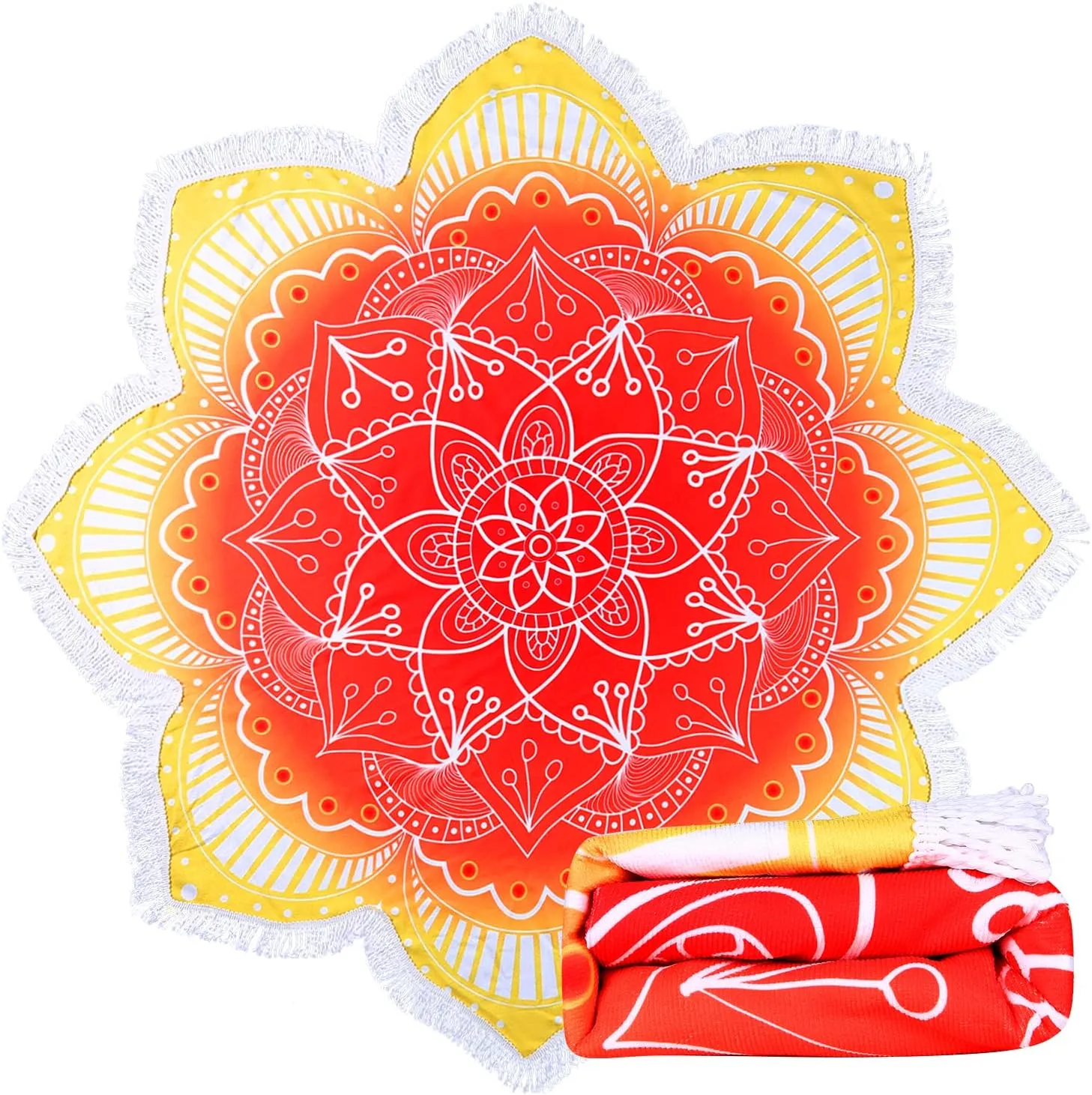 Large Microfiber Boho Mandala Beach Towel Round Bohemian Beach Blanket Hippie Indian Throw Blanket Beach Tapestry Sand Free Quick Dry Yoga Picnic Mat Wall Decor Circle Tablecloth Tassels,59'',Red