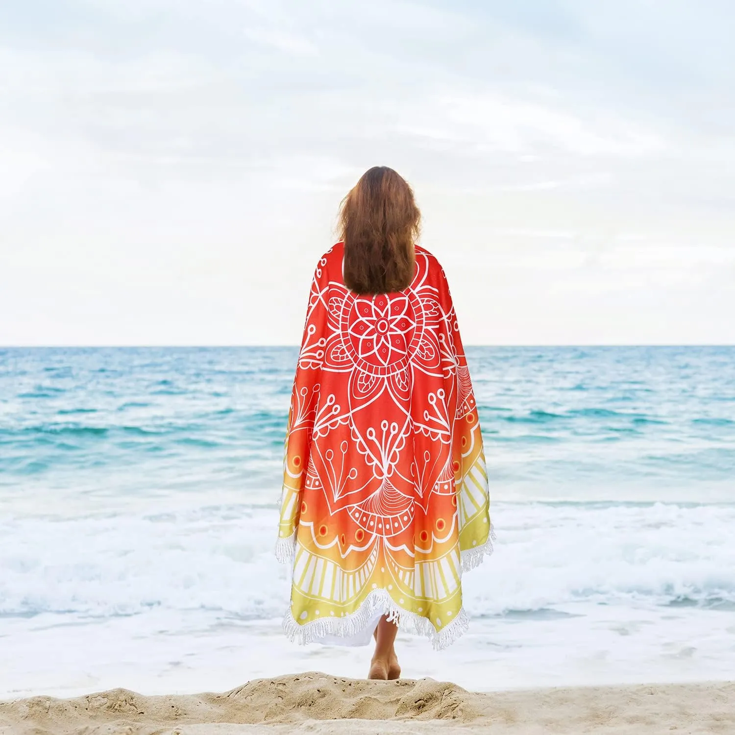 Large Microfiber Boho Mandala Beach Towel Round Bohemian Beach Blanket Hippie Indian Throw Blanket Beach Tapestry Sand Free Quick Dry Yoga Picnic Mat Wall Decor Circle Tablecloth Tassels,59'',Red