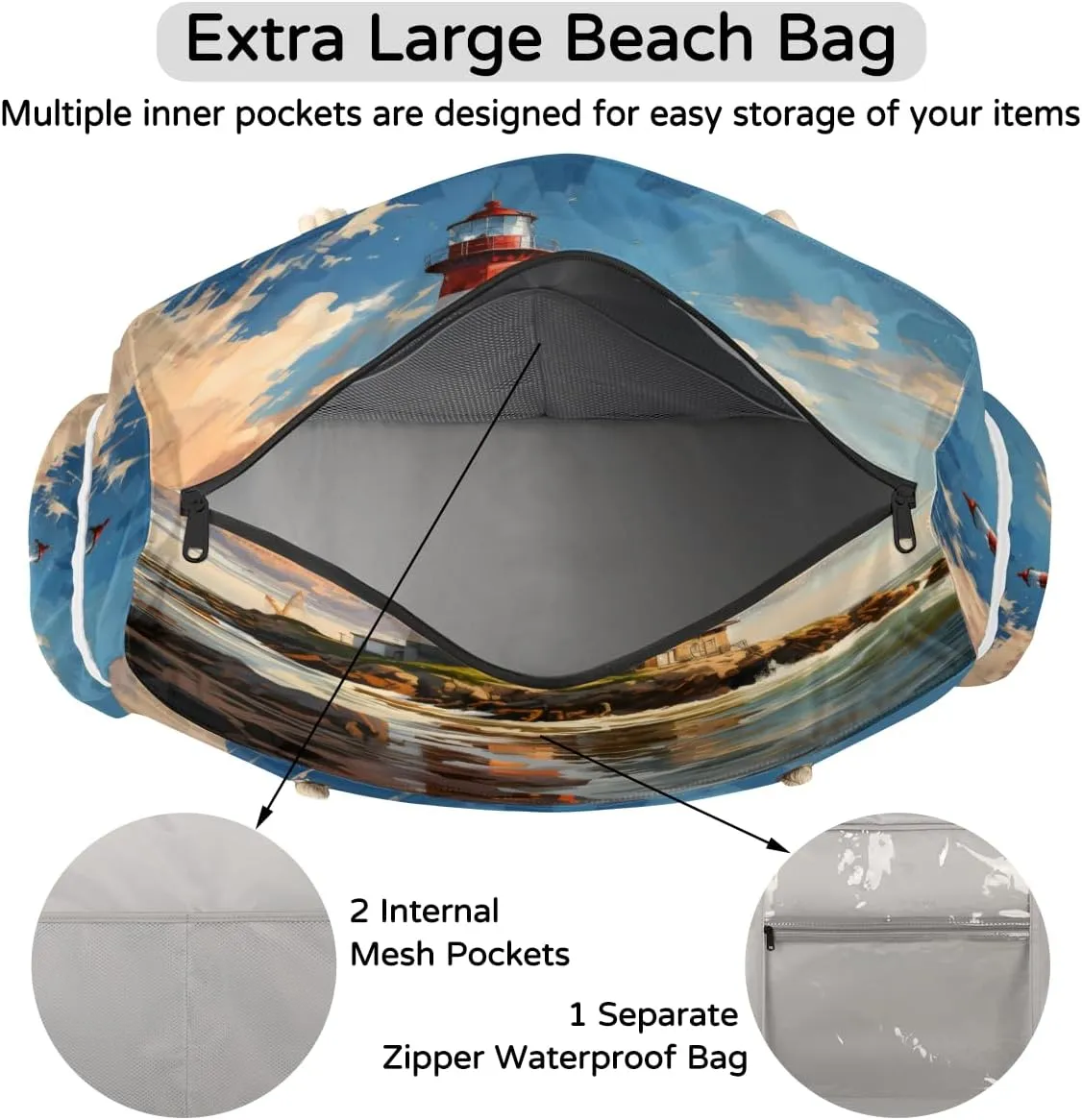 Large Tote Beach Bags for Women with Zipper Waterproof Sandproof Swim Pool Grocery Gym Travel Bag