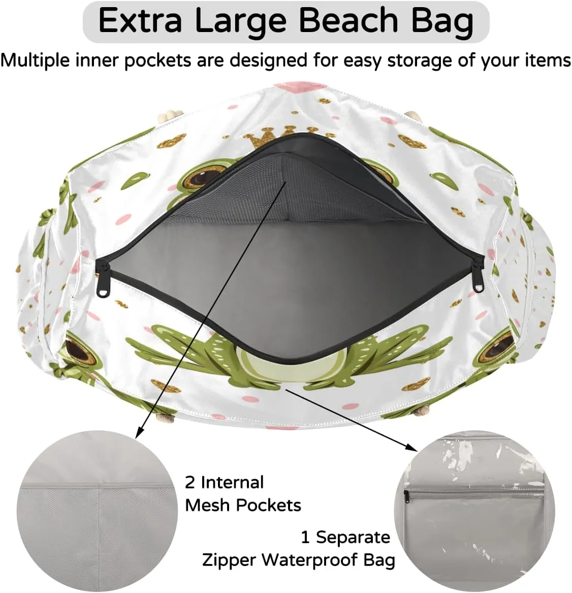 Large Tote Beach Bags for Women with Zipper Waterproof Sandproof Swim Pool Grocery Gym Travel Bag