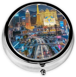 Las Vegas Night City Pill Box Round Pill Case for Pocket Purse 3 Compartment Medicine Pill Organizer Cute Portable Travel Pillbox Vitamin Cod Liver Oil Storage Box Unique Gift Organizer