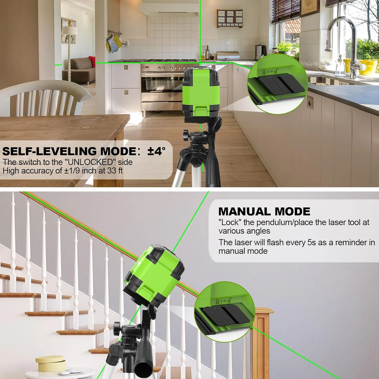 Laser Level with Tripod, HUEPAR 98Ft Self Leveling Laser Level Green Line Laser Cross Line Laser Leveler Tool for Picture Hanging, Tile, Home Renovation, Indoor Project, Battery&Carrying Bag Included