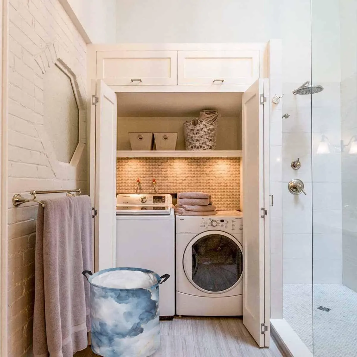 Laundry Baskets Elegant Blue Gold Granite Texture, Collapsible Laundry Hamper Dirty Clothes Basket with Handle, Storage Bag for Bathroom/Bedrooom Retro Abstract Ink Art