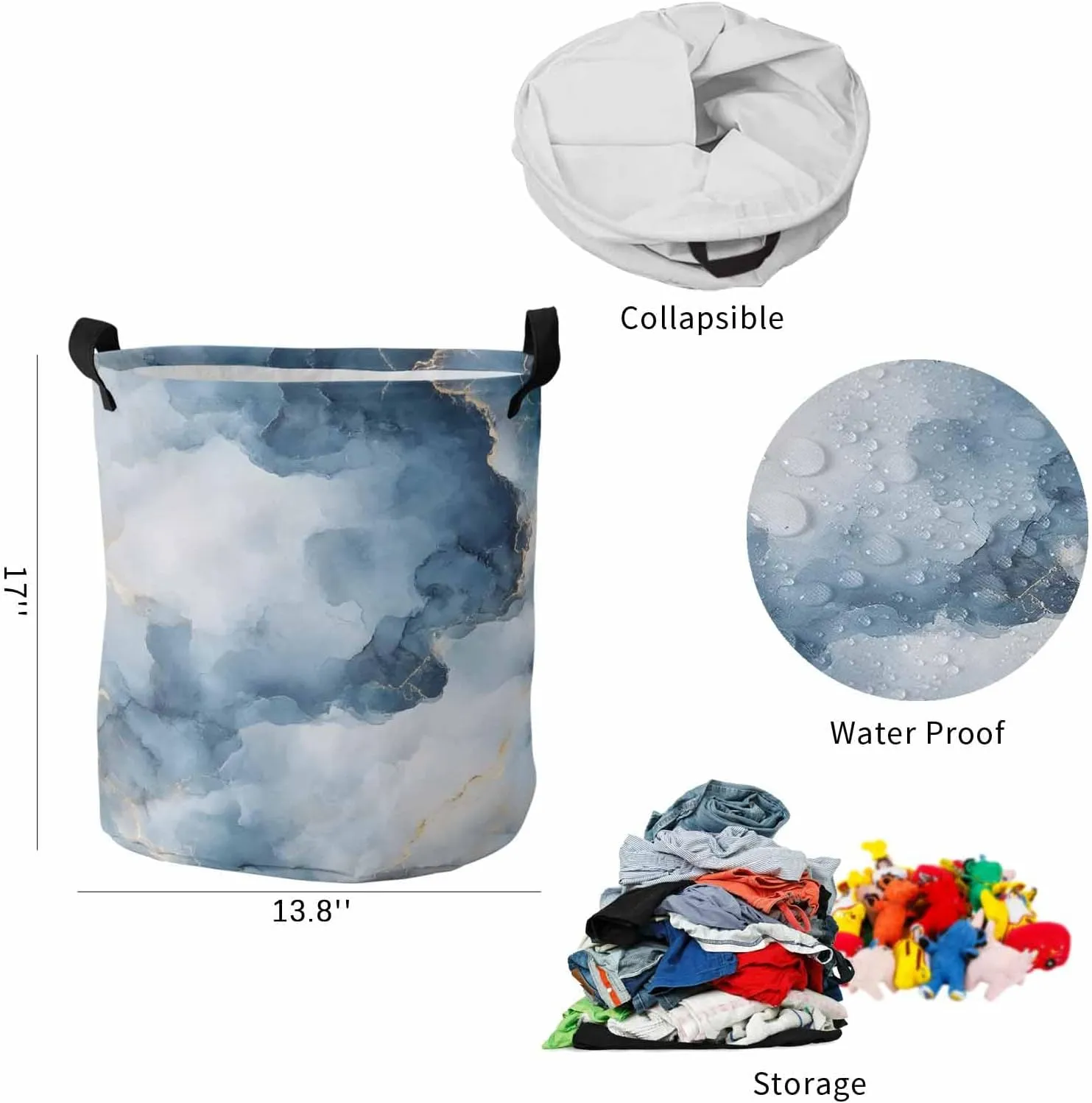 Laundry Baskets Elegant Blue Gold Granite Texture, Collapsible Laundry Hamper Dirty Clothes Basket with Handle, Storage Bag for Bathroom/Bedrooom Retro Abstract Ink Art
