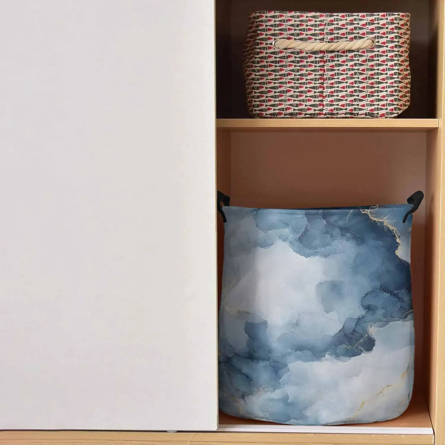 Laundry Baskets Elegant Blue Gold Granite Texture, Collapsible Laundry Hamper Dirty Clothes Basket with Handle, Storage Bag for Bathroom/Bedrooom Retro Abstract Ink Art