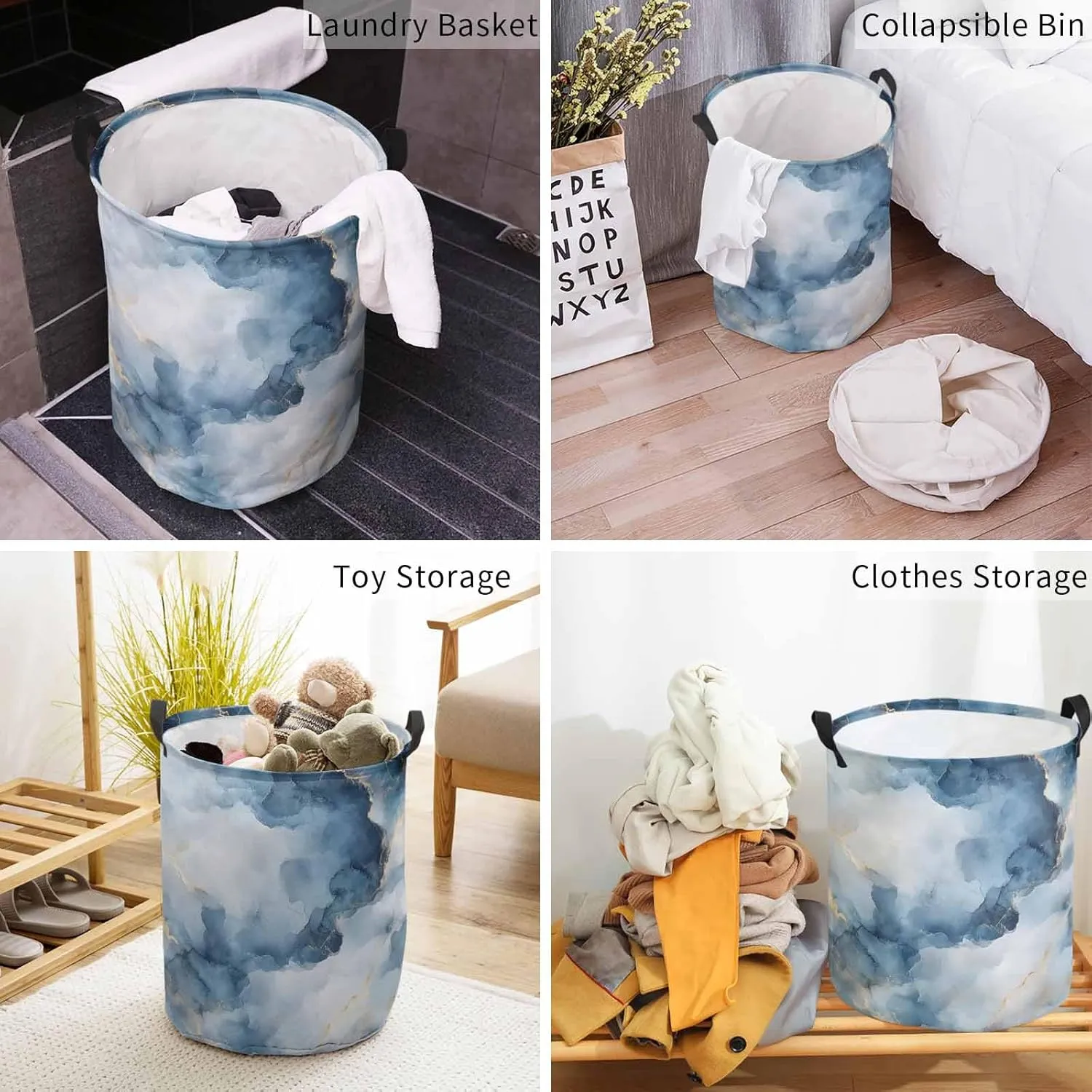 Laundry Baskets Elegant Blue Gold Granite Texture, Collapsible Laundry Hamper Dirty Clothes Basket with Handle, Storage Bag for Bathroom/Bedrooom Retro Abstract Ink Art