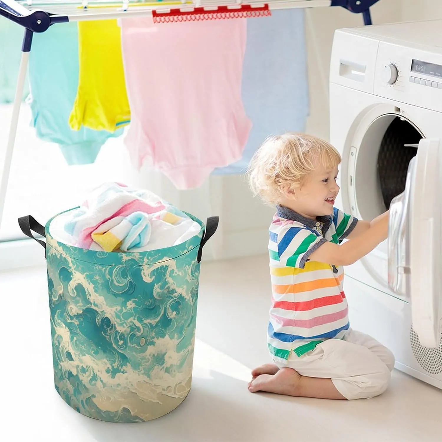 Laundry Hampers, Large Drawstring Laundry Bag, Removable Laundry Bags, Collapsible Storage Bin with Handles for Home Organization, Kids Room, Nursery Azure