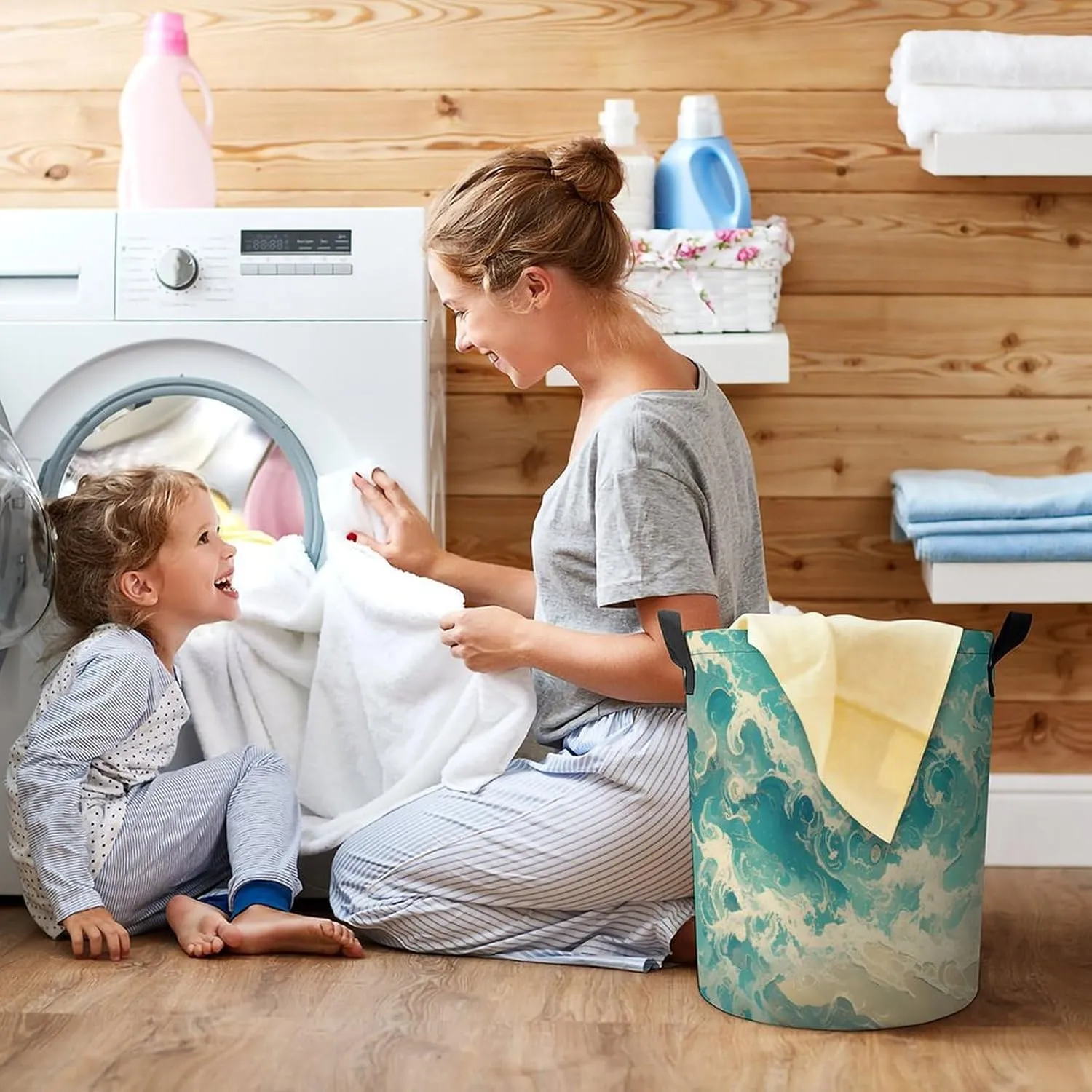 Laundry Hampers, Large Drawstring Laundry Bag, Removable Laundry Bags, Collapsible Storage Bin with Handles for Home Organization, Kids Room, Nursery Azure