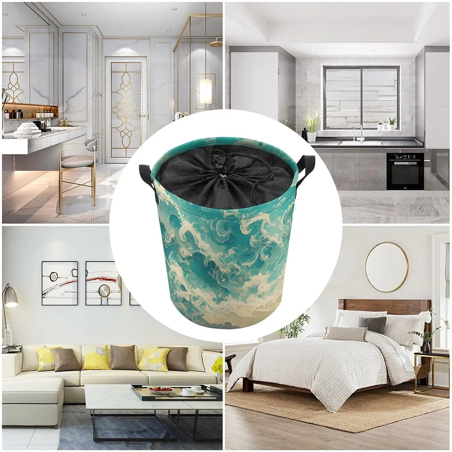 Laundry Hampers, Large Drawstring Laundry Bag, Removable Laundry Bags, Collapsible Storage Bin with Handles for Home Organization, Kids Room, Nursery Azure
