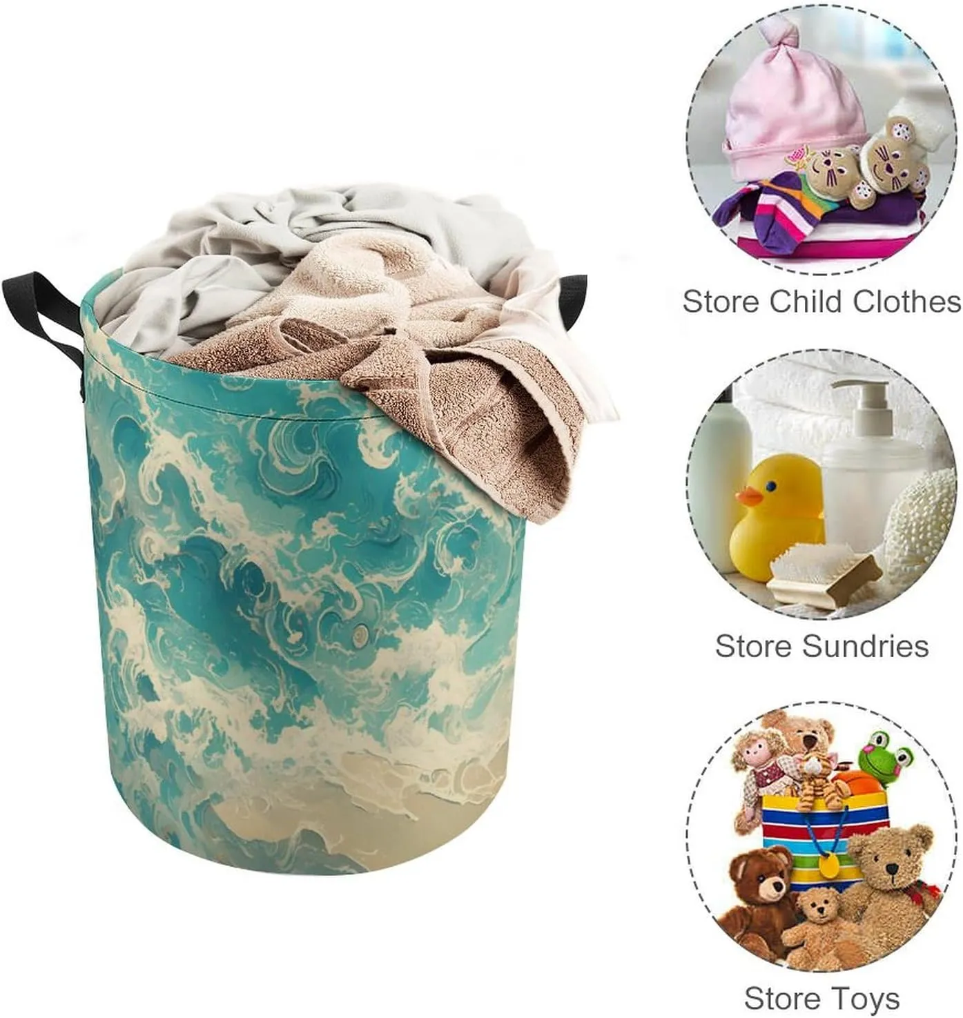 Laundry Hampers, Large Drawstring Laundry Bag, Removable Laundry Bags, Collapsible Storage Bin with Handles for Home Organization, Kids Room, Nursery Azure