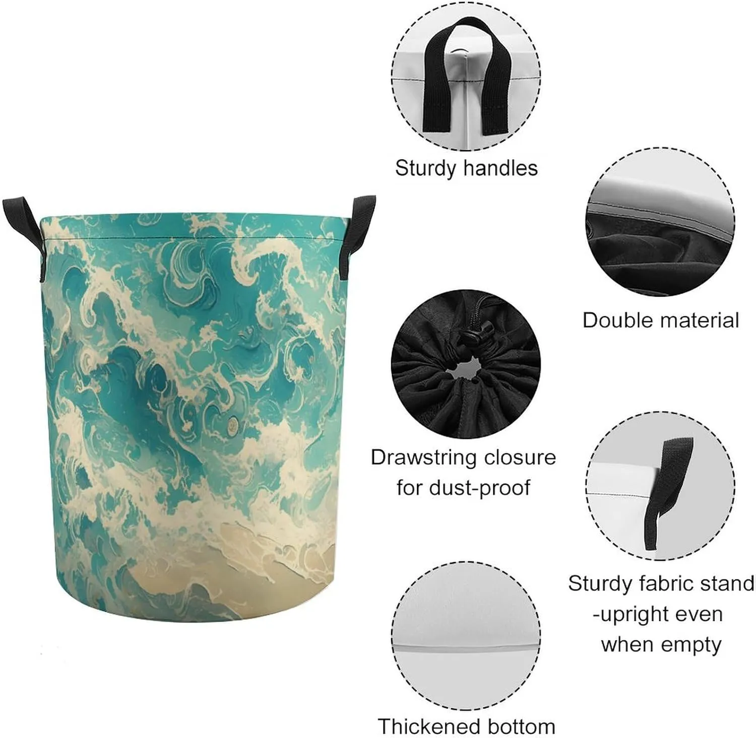 Laundry Hampers, Large Drawstring Laundry Bag, Removable Laundry Bags, Collapsible Storage Bin with Handles for Home Organization, Kids Room, Nursery Azure