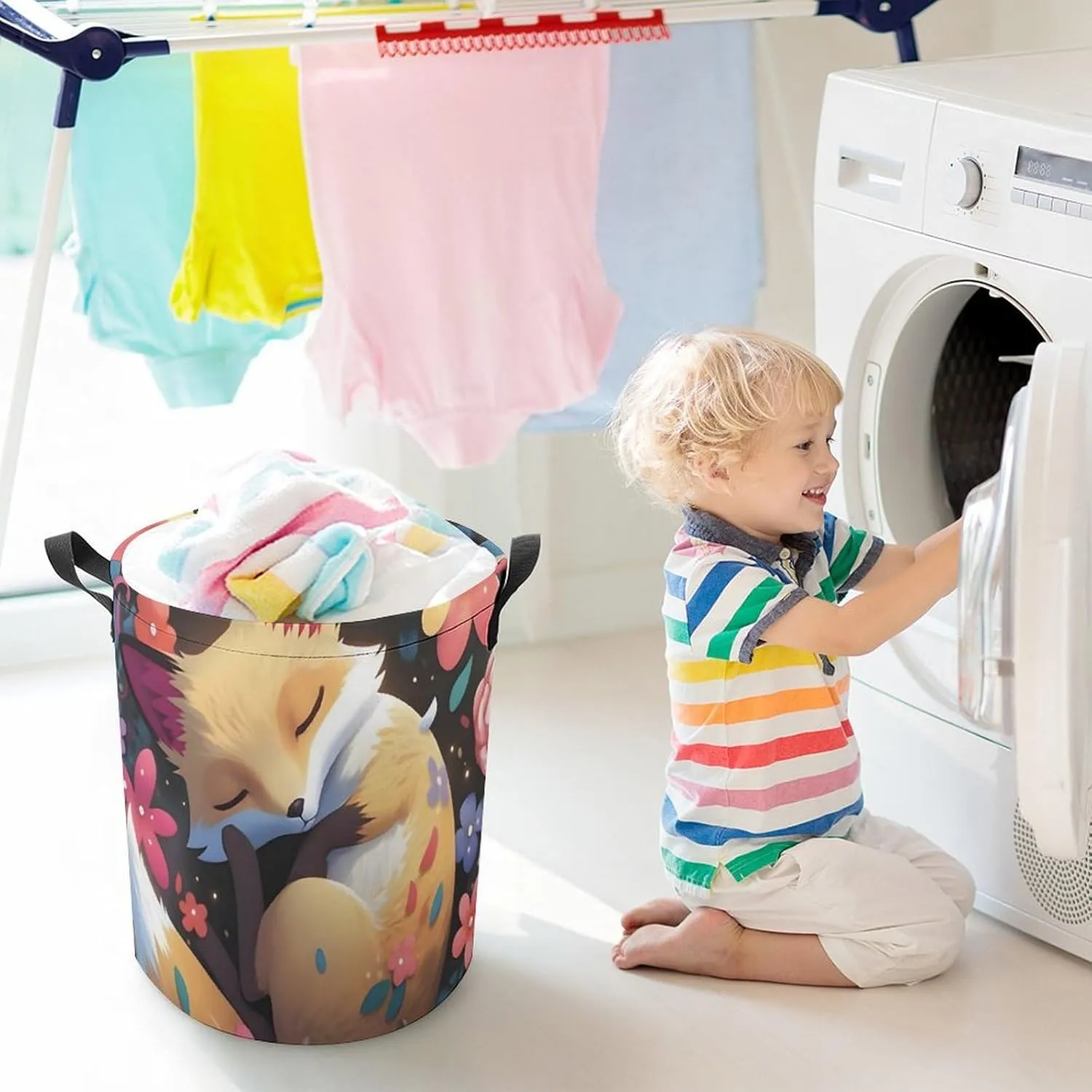 Laundry Hampers, Large Drawstring Laundry Bag, Removable Laundry Bags, Collapsible Storage Bin with Handles for Home Organization, Kids Room, Nursery Flower