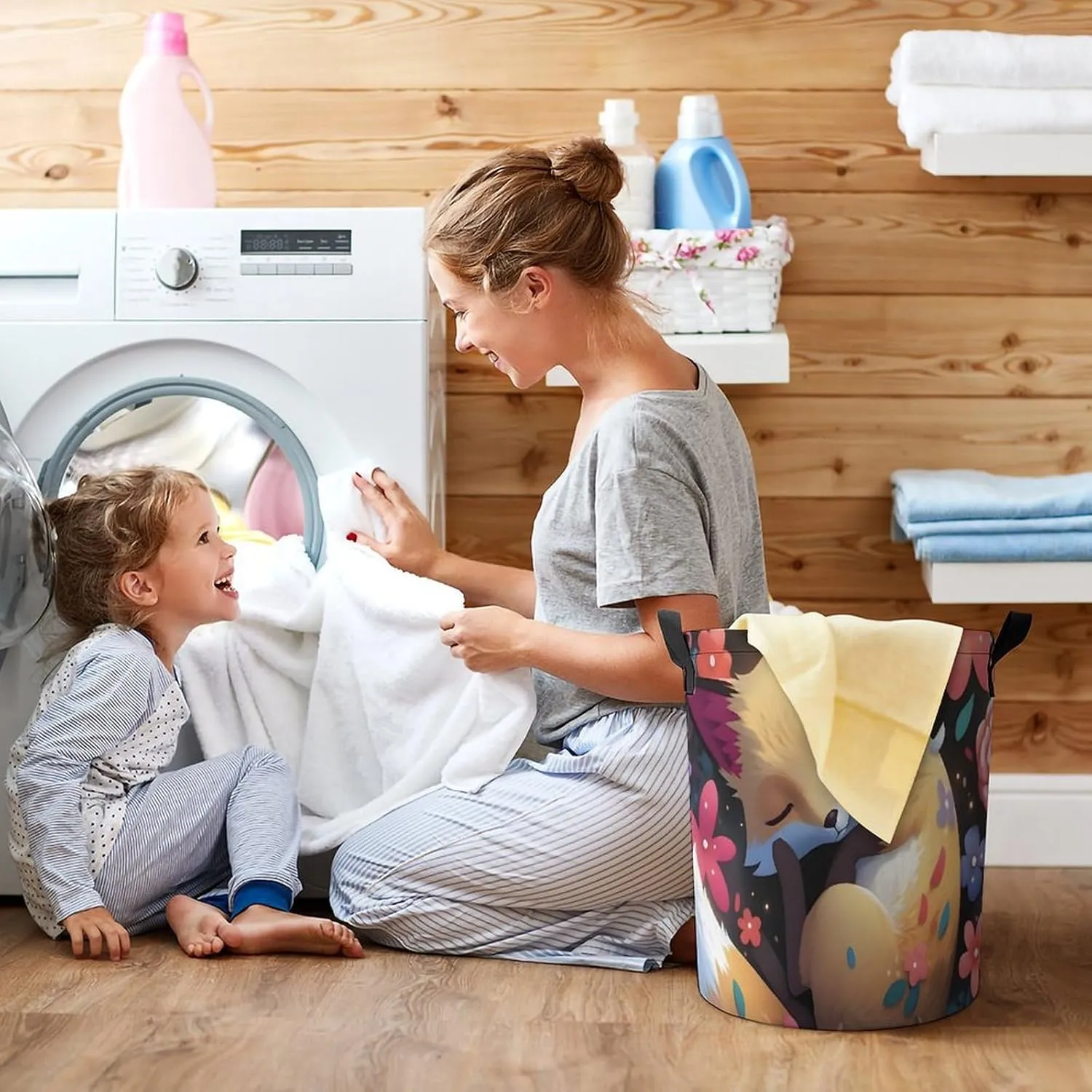 Laundry Hampers, Large Drawstring Laundry Bag, Removable Laundry Bags, Collapsible Storage Bin with Handles for Home Organization, Kids Room, Nursery Flower
