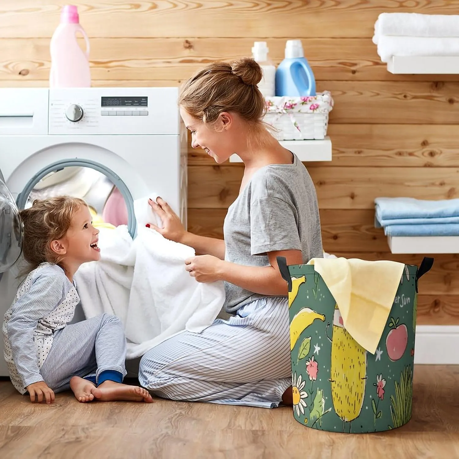 Laundry Hampers, Large Drawstring Laundry Bag, Removable Laundry Bags, Collapsible Storage Bin with Handles for Home Organization, Kids Room, Nursery Nature