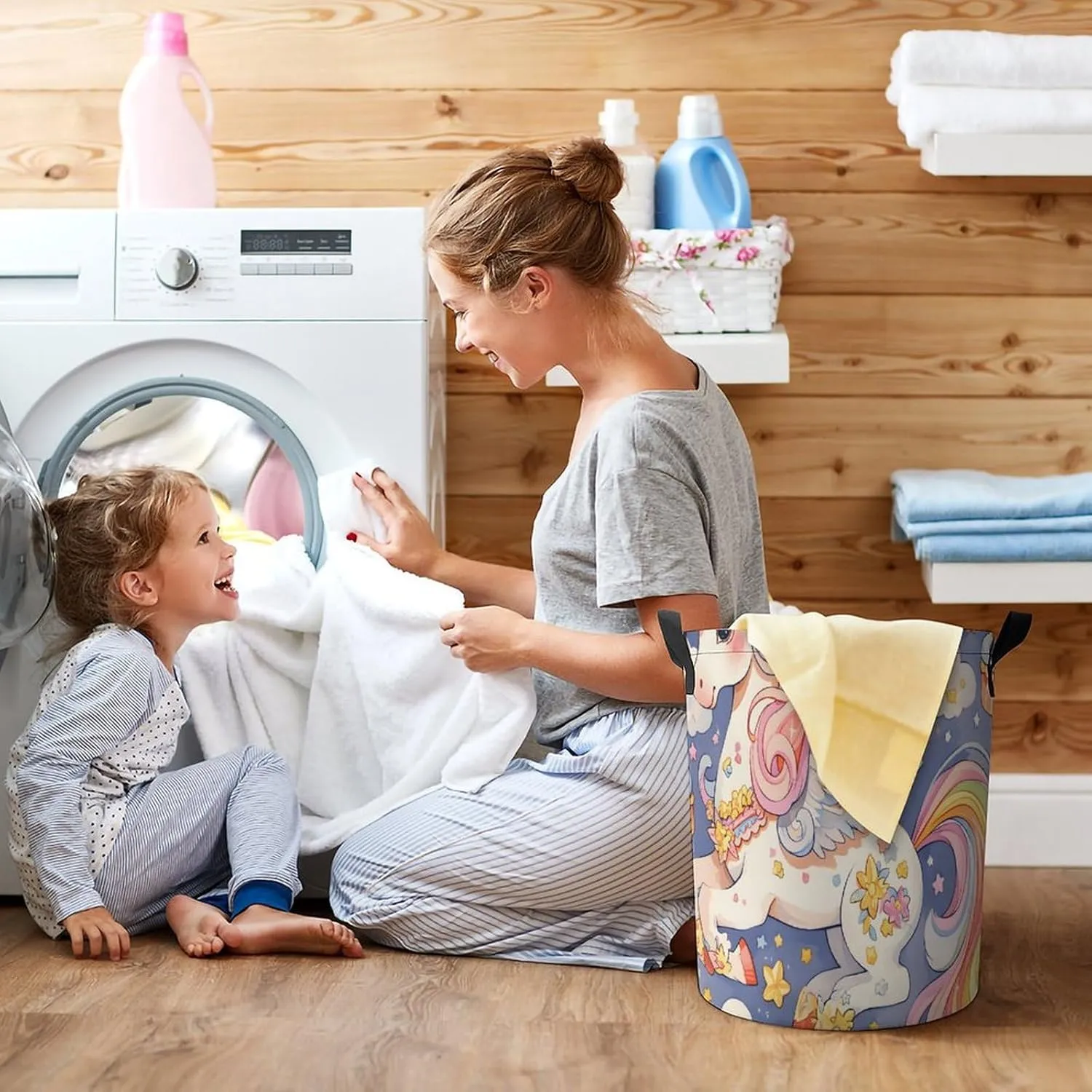 Laundry Hampers, Large Drawstring Laundry Bag, Removable Laundry Bags, Collapsible Storage Bin with Handles for Home Organization, Kids Room, Nursery Painting