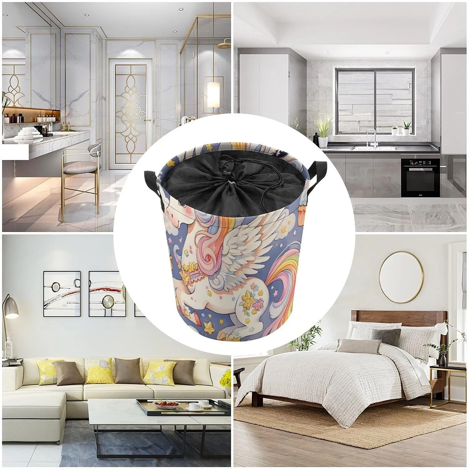 Laundry Hampers, Large Drawstring Laundry Bag, Removable Laundry Bags, Collapsible Storage Bin with Handles for Home Organization, Kids Room, Nursery Painting