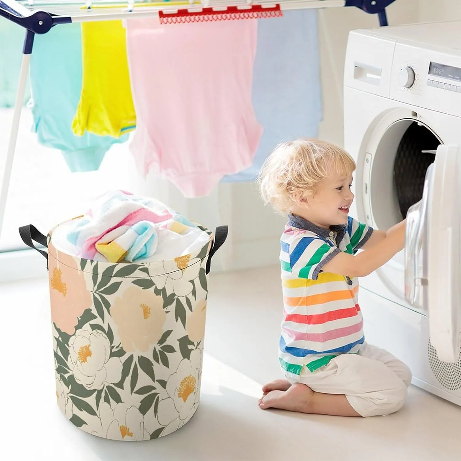 Laundry Hampers, Large Drawstring Laundry Bag, Removable Laundry Bags, Collapsible Storage Bin with Handles for Home Organization, Kids Room, Nursery Petal