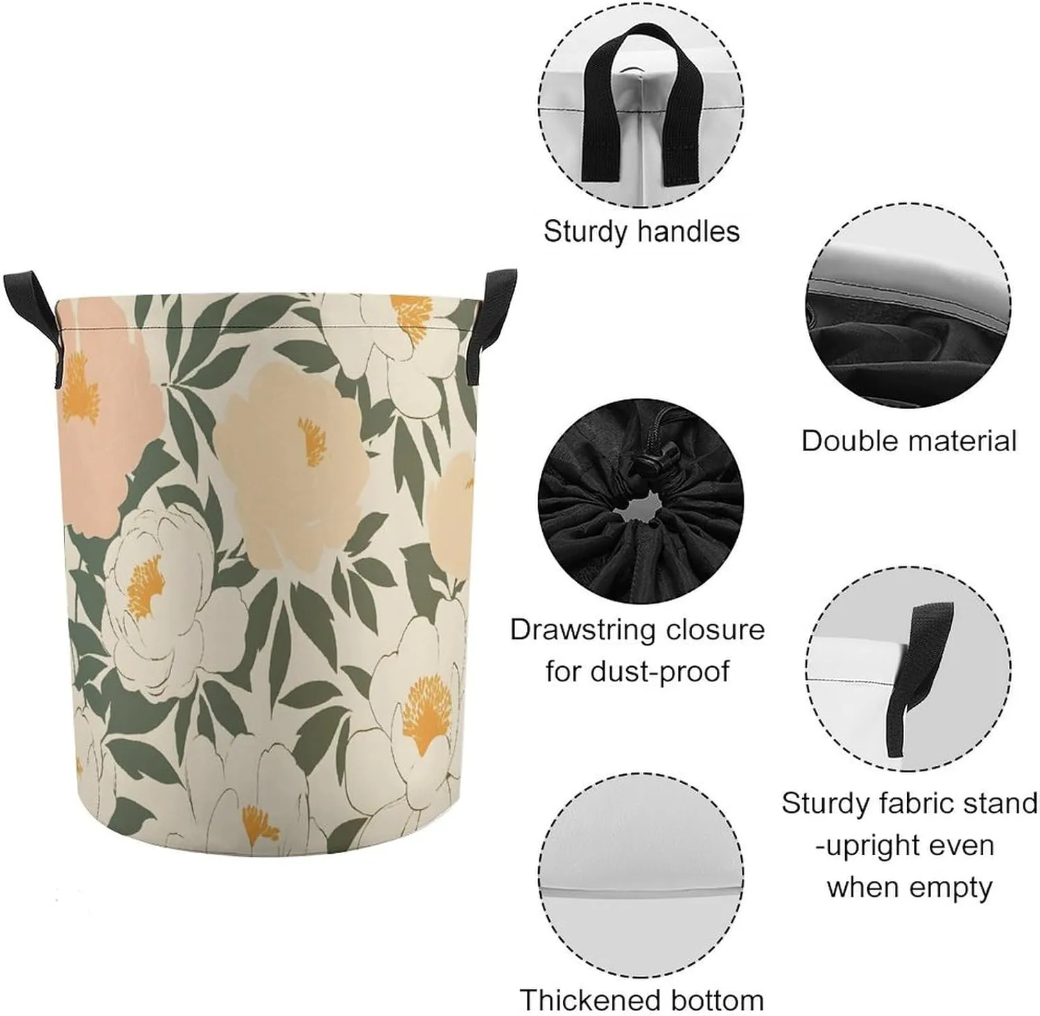 Laundry Hampers, Large Drawstring Laundry Bag, Removable Laundry Bags, Collapsible Storage Bin with Handles for Home Organization, Kids Room, Nursery Petal