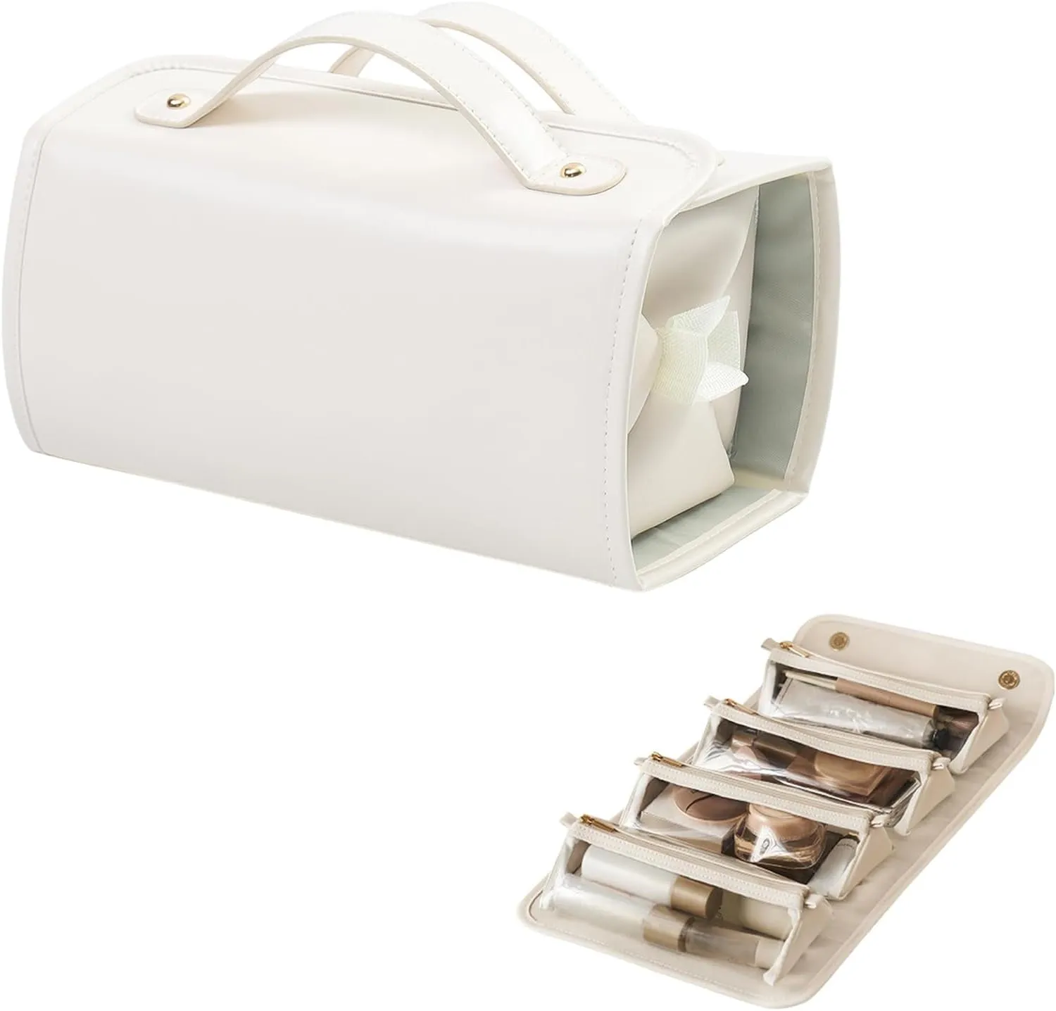Leather Waterproof Cosmetic Bag, Travel Toiletry Bag 4 Detachable Clear Multi Compartment Hanging Makeup Bag Foldable Cosmetic Bag (White)