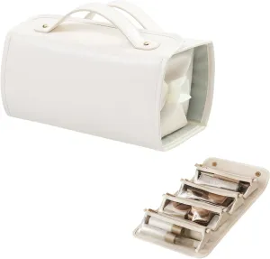 Leather Waterproof Cosmetic Bag, Travel Toiletry Bag 4 Detachable Clear Multi Compartment Hanging Makeup Bag Foldable Cosmetic Bag (White)