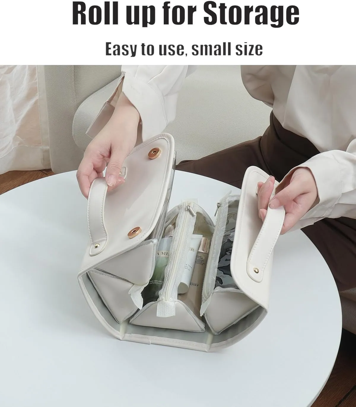 Leather Waterproof Cosmetic Bag, Travel Toiletry Bag 4 Detachable Clear Multi Compartment Hanging Makeup Bag Foldable Cosmetic Bag (White)