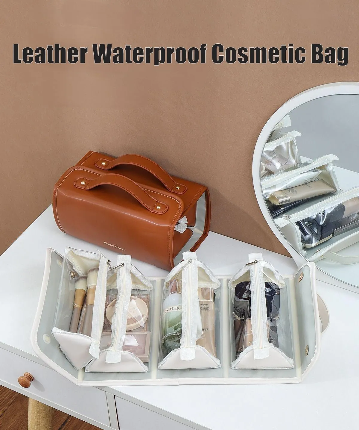 Leather Waterproof Cosmetic Bag, Travel Toiletry Bag 4 Detachable Clear Multi Compartment Hanging Makeup Bag Foldable Cosmetic Bag (White)