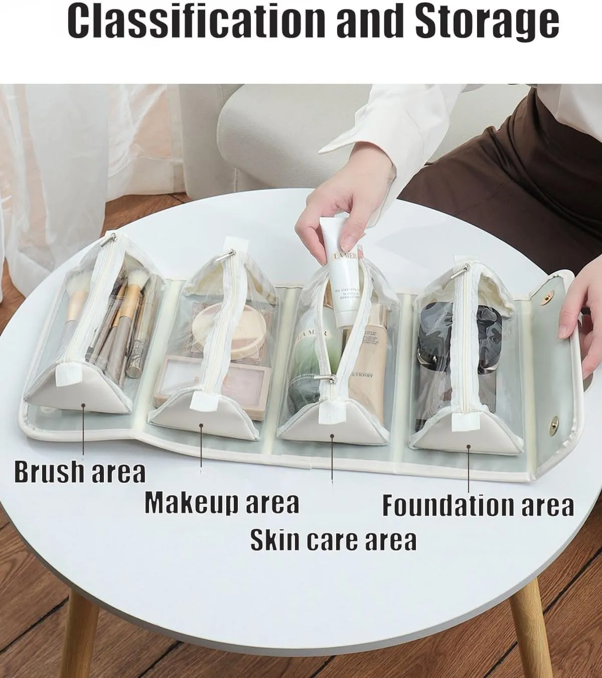 Leather Waterproof Cosmetic Bag, Travel Toiletry Bag 4 Detachable Clear Multi Compartment Hanging Makeup Bag Foldable Cosmetic Bag (White)