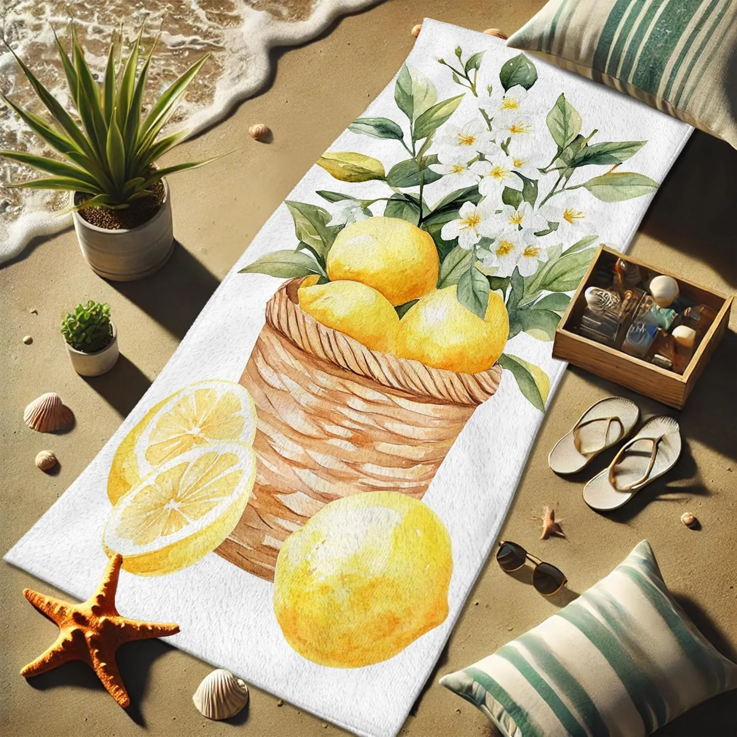 Lemon Floral Microfiber Beach Towel Yellow Citrus Design Quick Dry Absorbent Sand Free Lightweight Beach Blanket Picnic Essentials 62x31 Inch