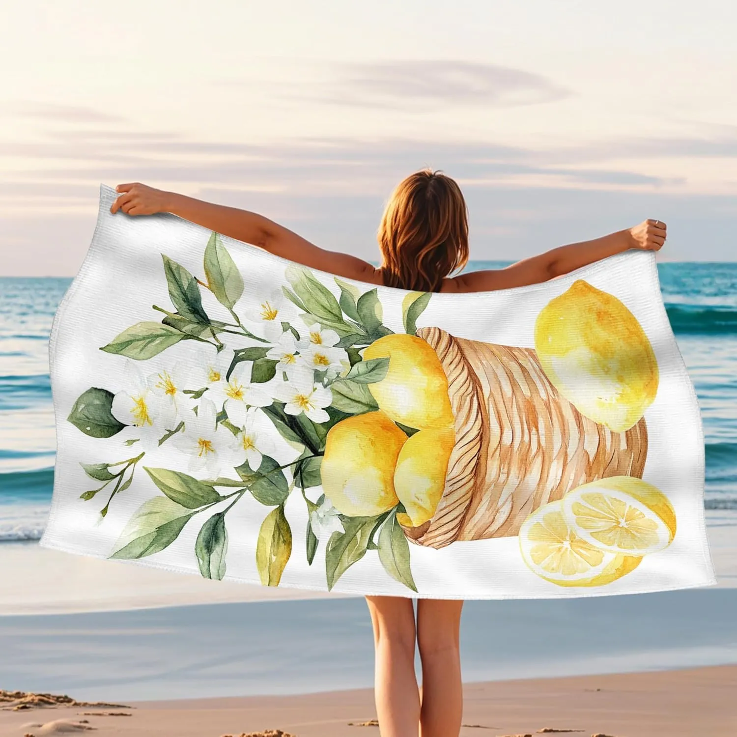 Lemon Floral Microfiber Beach Towel Yellow Citrus Design Quick Dry Absorbent Sand Free Lightweight Beach Blanket Picnic Essentials 62x31 Inch