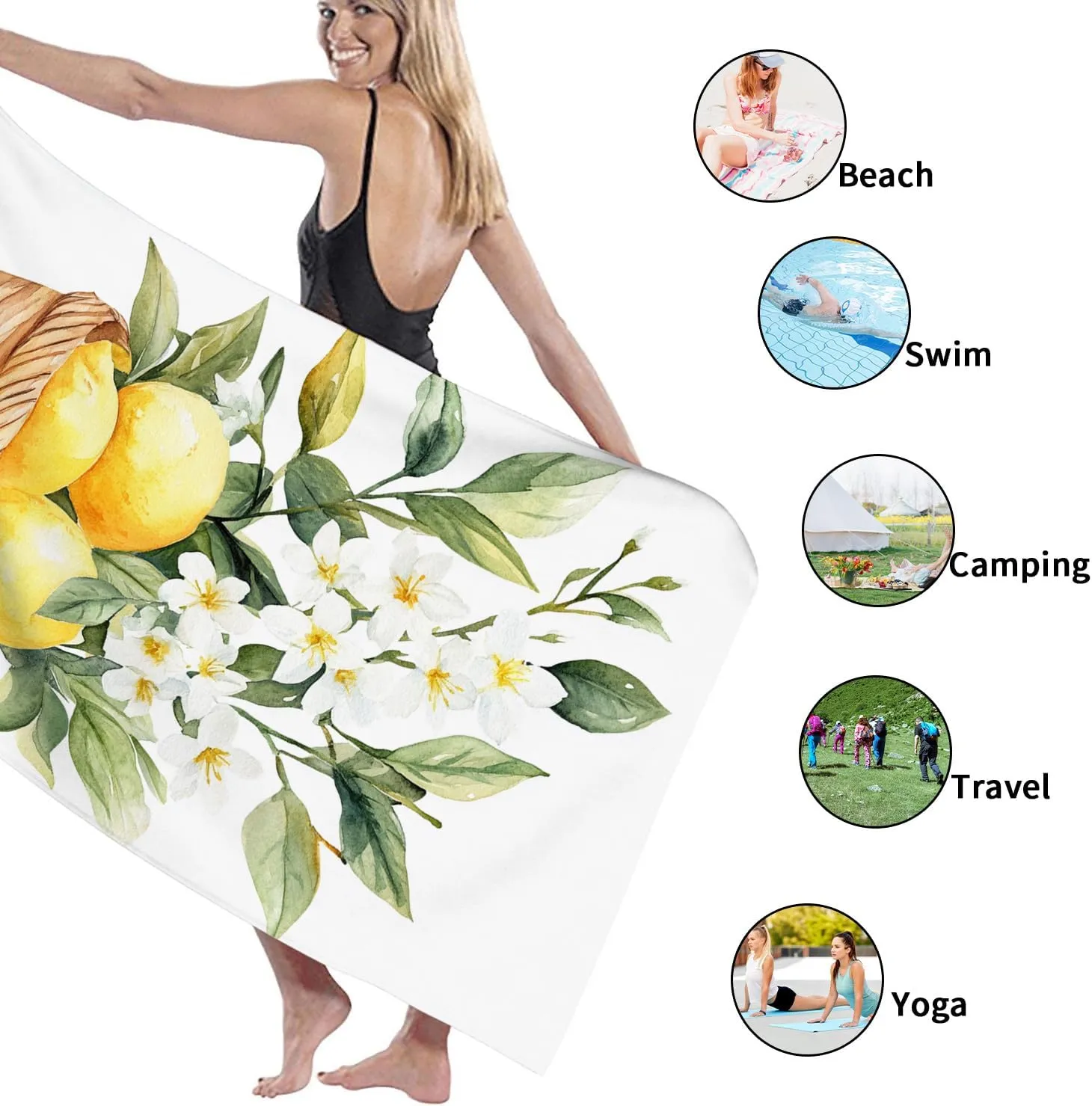 Lemon Floral Microfiber Beach Towel Yellow Citrus Design Quick Dry Absorbent Sand Free Lightweight Beach Blanket Picnic Essentials 62x31 Inch