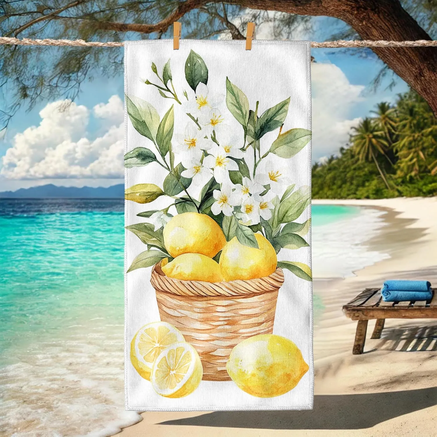 Lemon Floral Microfiber Beach Towel Yellow Citrus Design Quick Dry Absorbent Sand Free Lightweight Beach Blanket Picnic Essentials 62x31 Inch