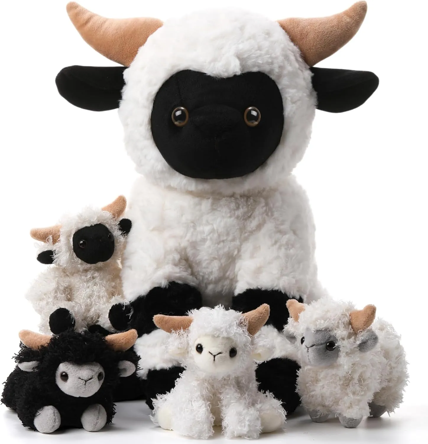 Lenwen 5 Pcs Valais Blacknose Lamb Stuffed Animals Set 14 Inch Mommy Sheep Plush Toy with 4 Cuddly Babies in Zippered Pocket for Christian Easter Gifts Birthday Farm Baby Shower Party Favor Decor